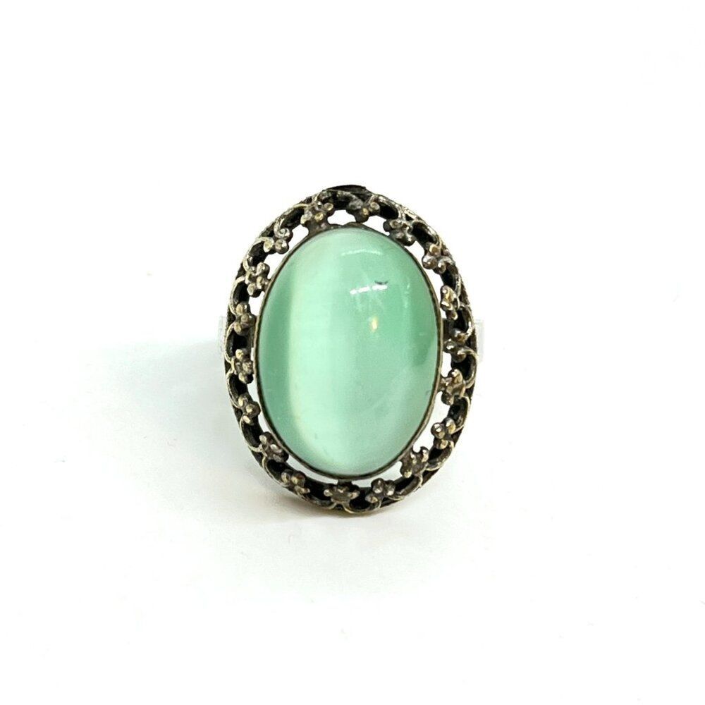 Vintage Sterling Silver Ring Green Cabochon Filigree Oval Statement Ornate Cat E